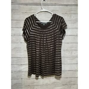 Josephine Chaus Women's XL Brown Gold Striped Short Sleeve Blouse Top Shirt Cute